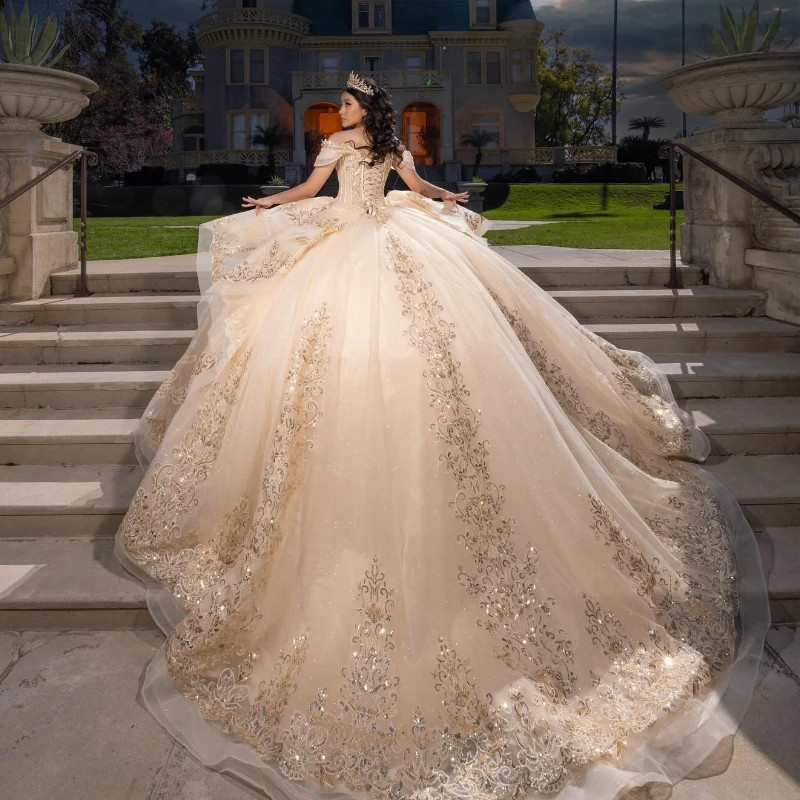beige quinceanera dresses Shiny Off-Shoulder Beige Quinceanera Ball pink Ball gown with Applique Lace and Beads for Sweet 16, Birthday Party