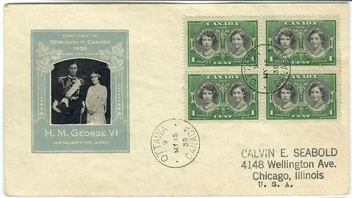 Canada 1939 1¢ Princesses Block of 4 FDC, H Ioor E cachet, SC #246  - CV $10