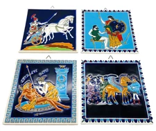 Greek Art Tiles Wall Art Hand Painted Ceramic Niarchos Smaltotechniki Set of 4