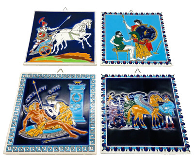 Art Tiles Wall Art Greek Hand Painted Ceramic Niarchos Smaltotechniki Set of 4