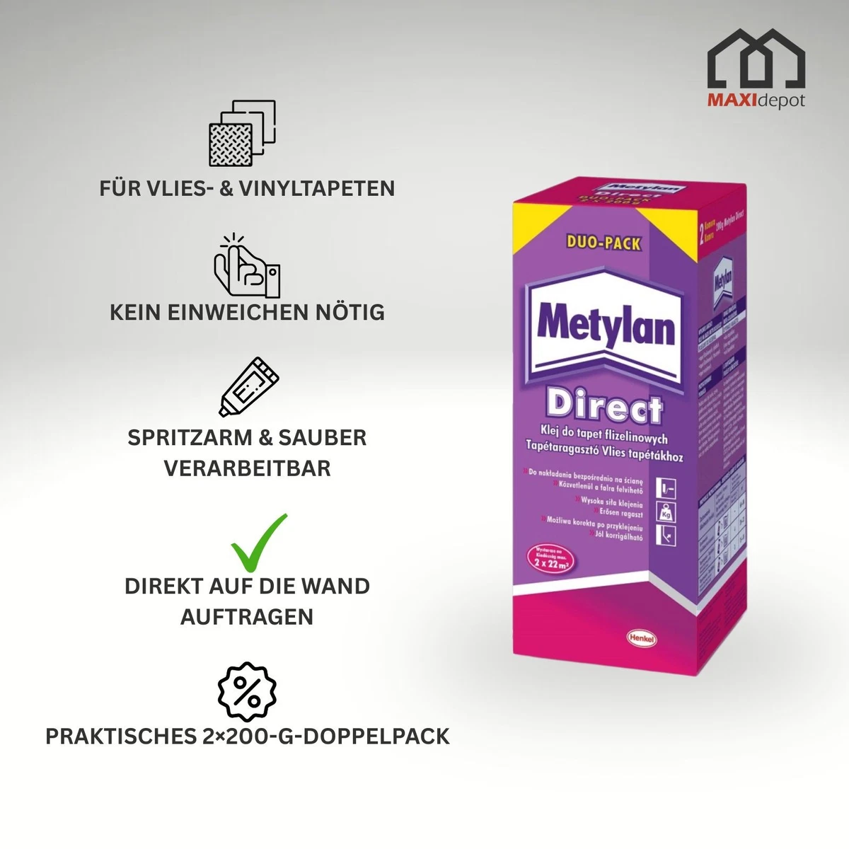 Pegamento para papel pintado no tejido Metylan Direct 2 x 200 g pegamento para pared pegamento para papel pintado dúo