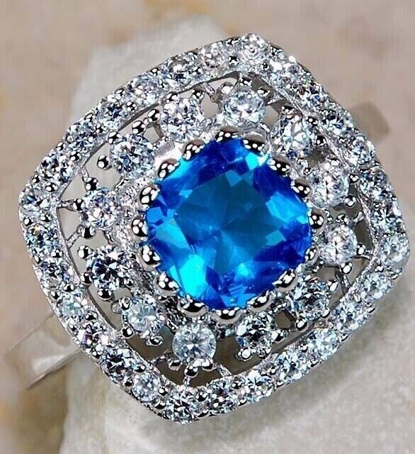 3CT Heat Treated Blue Topaz 925 Solid Sterling Silver Ring Sz 6 &2-4
