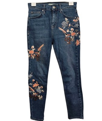 Topshop Moto Jamie Jeans W28 Blue Embroidered Floral Skinny Cropped Women's