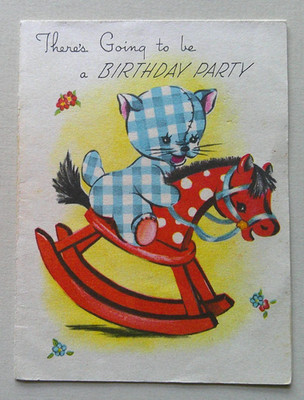Gingham cat on horse vintage Birthday party invitation greeting card #A46