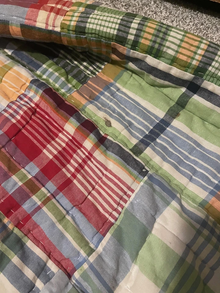 Pottery Barn Kids Madras Patchwork Quilt Blanket Plaid Multicolor Stitched FLAW - Image 4 of 4