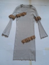 GOJO designer label fine knit quirky beige gold silver jumper pencil dress UK S