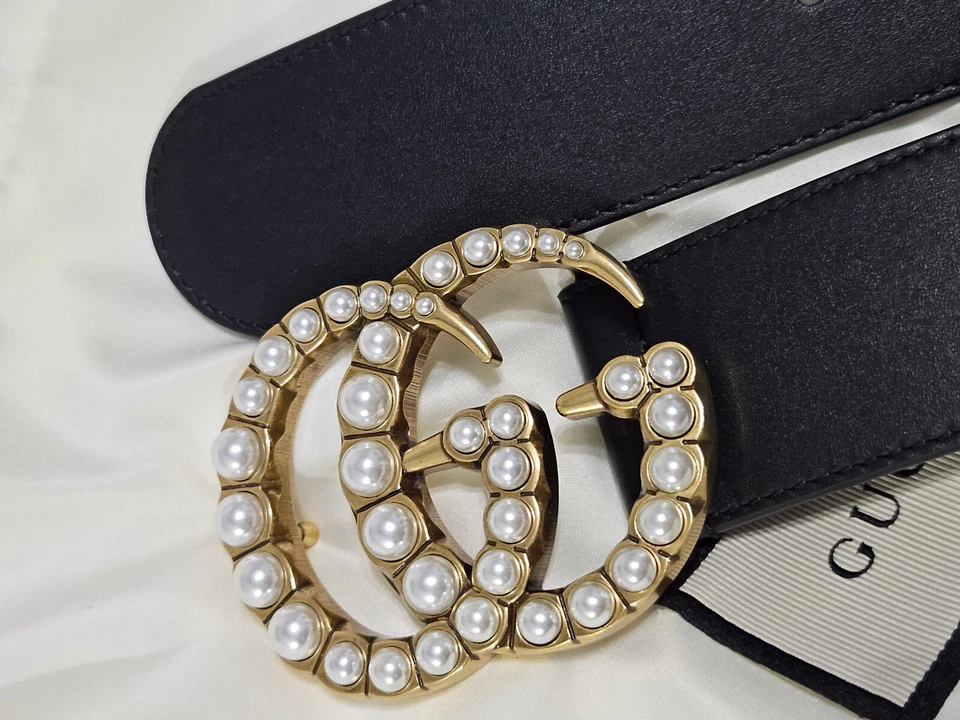 Authentic Gucci Pearl Belt Black Leather Gold GG Size 75cm 22-26 - Image 2 of 4