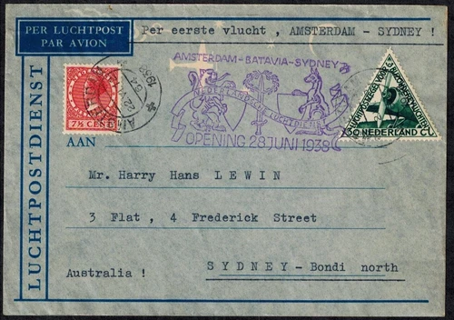 Netherlands 1938 First Flight Cover w/PURPLE CACHET & SC 174 & C10