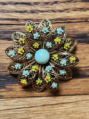 ART Arthur Pepper Enamel Flower Filigree Brooch Vintage Blue