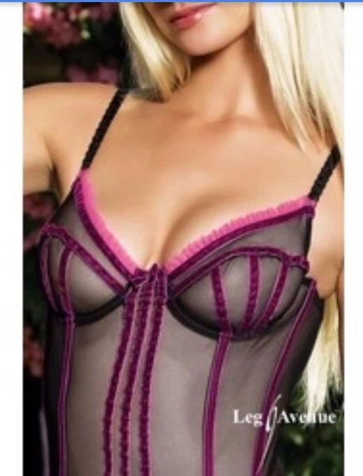 New Retro Purple & Black Leg Avenue 2pc Mesh & Velvet Trim Corset G-String Set L - Image 3 of 4