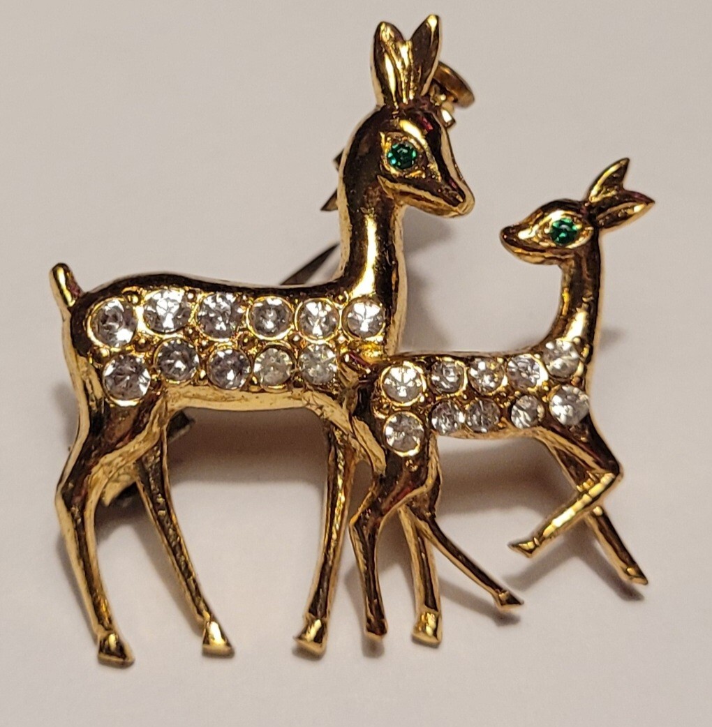 Broche Vintage Biches Gazelle - Métal Doré Avec Strass Blanc - Bijou Ancien Style #K19 - Occasion