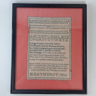 Antique George III Needlework Sampler Alphabet & Verse By M. Bathurst 1806