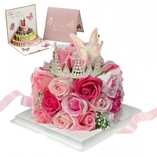 Eightown Forever Cake with Pink Preserved Flowers - Bouquet Preserved Roses f...