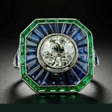 3.0Ct Art Deco Style Round Lab-Created Diamond  Blue Sapphire Ring 925 Silver