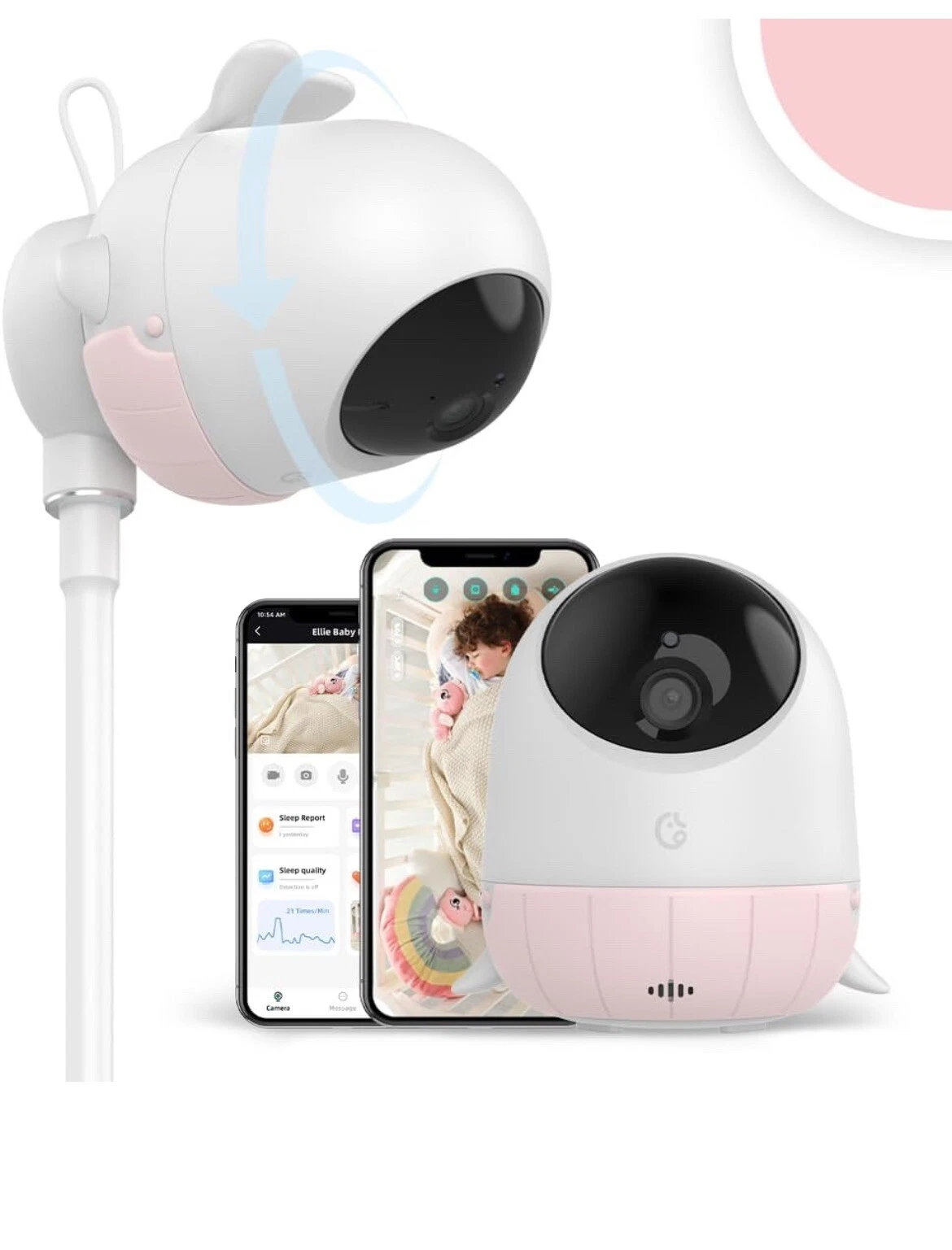 Ellie Baby Monitor Camera Breathing Detection, Lullaby, Two-Way Audio Pink