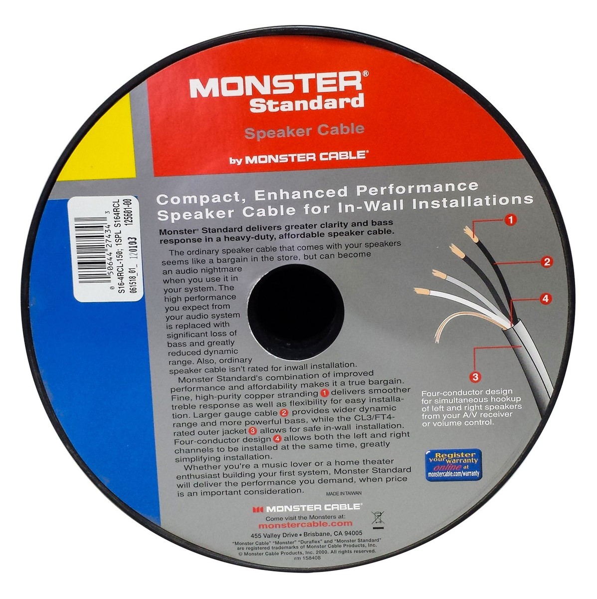 Monster Cable S16-4RCL Speaker Wire CL3 In Wall Rated - 16 Gauge