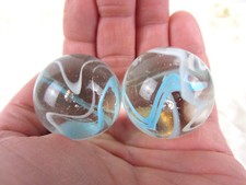 2 BOULDERS 35mm ARCTIC Marbles glass ball Clear Blue White Ice HUGE Swirl