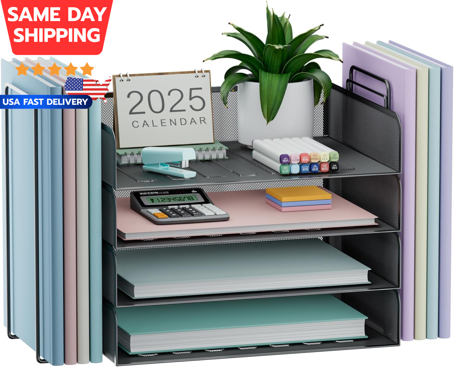 4 Tier Stackable Desk Paper Tray Organizer for Office Supplies