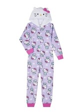 Hello Kitty Girls Hooded Union Suit Pajama Size 7/8 Purple Fleece NWT