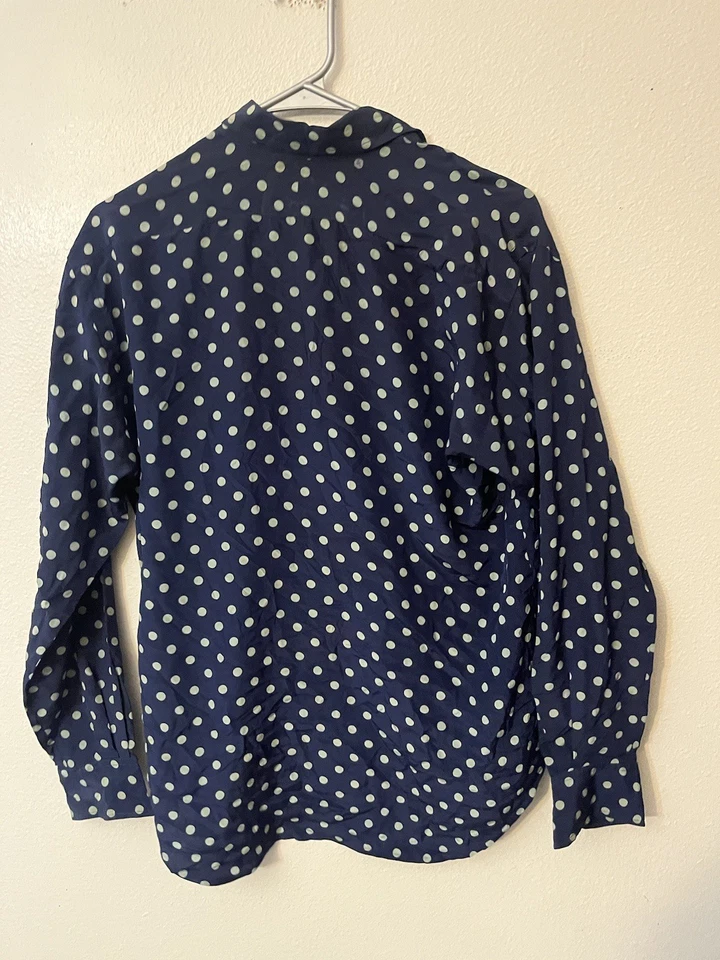 Blusa De Colección Ralph Lauren 100% Seda Azul Marino Lunares Cuello Botones Delanteros Talla 4 Foto 2 de 4