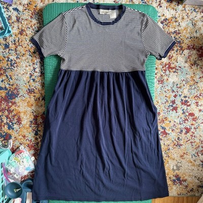 Vintage Adonna Leisure Wear Maxi Dress Navy Blue White Striped L 90s USA Made