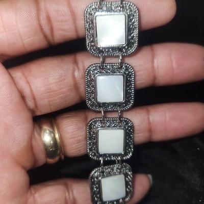 Vintage Style Mother of Pearl Silver Tone Filigree Square Panel Toggle Bracelet