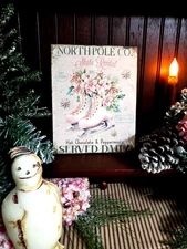 PINK SHABBY VINTAGE RETRO PRIMITIVE STYLE CHRISTMAS SKATE RENTAL 25 CENTS  SIGN