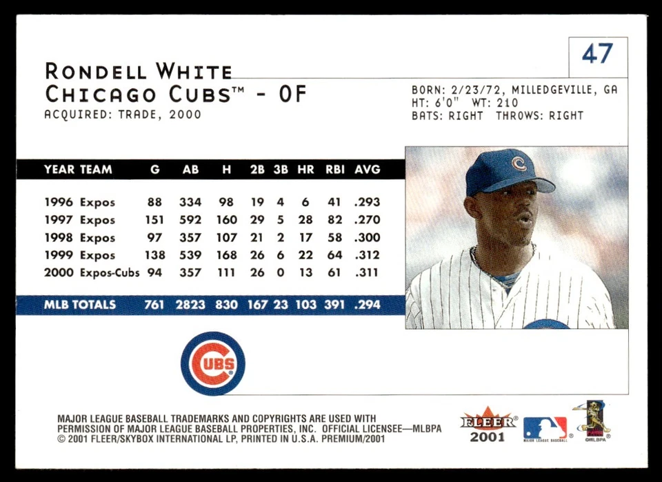 2001 Fleer Premium Rondell White Chicago Cubs #47 - Image 2 of 2
