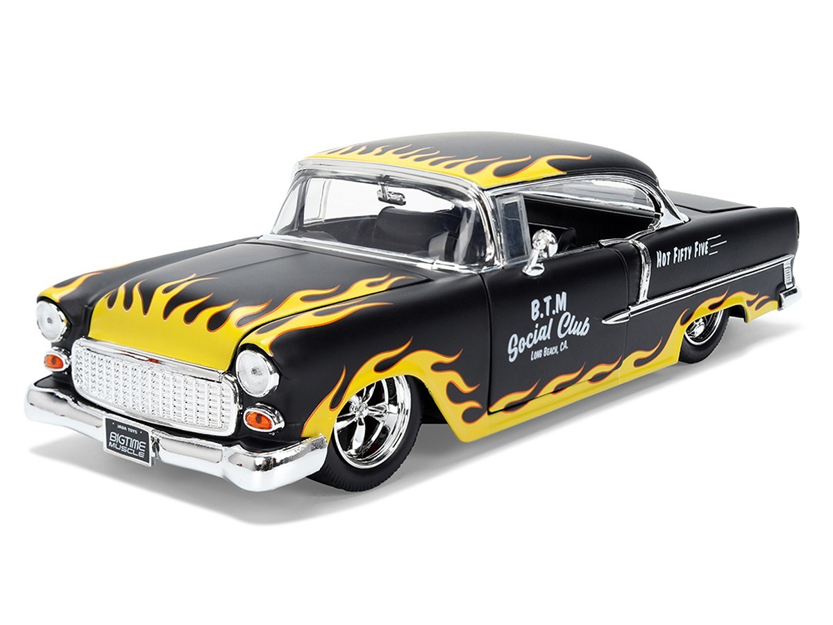 1955 CHEVROLET BEL AIR MATT BLACK W/FLAMES 1/24 DIECAST MODEL CAR