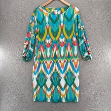 Calvin Klein Dress Women 4 Blue Multi Jersey Shift 3/4 Balloon Slit Sleeve Artsy