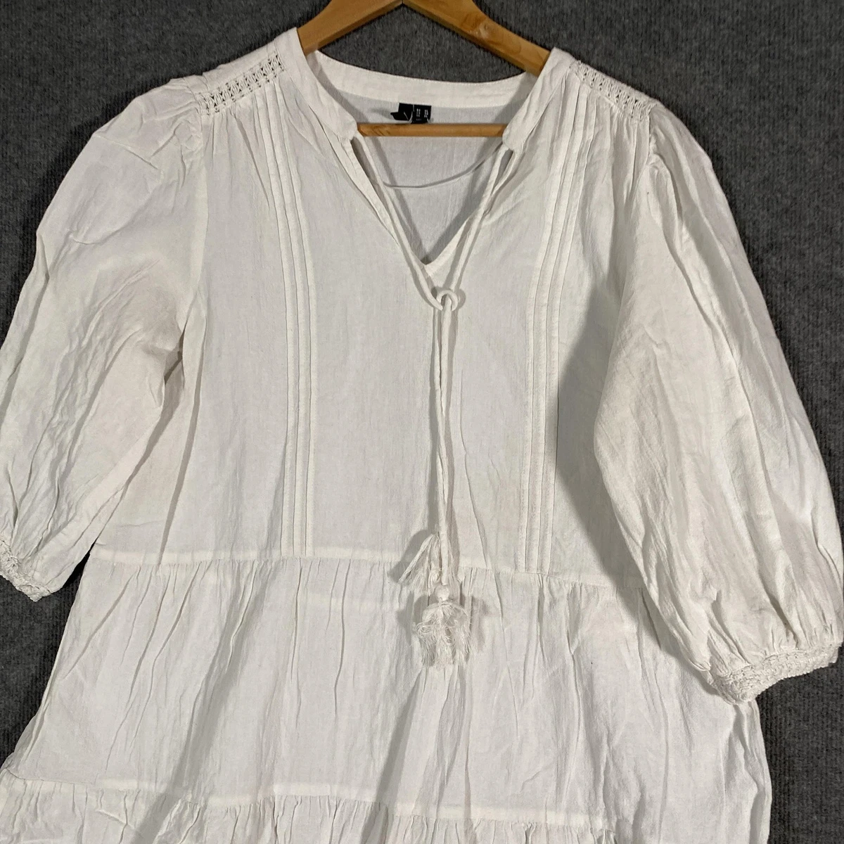 VERO MODA Top Womens XL White Tunic 3/4 Sleeve Tassel Boho Blouse Summer Coastal