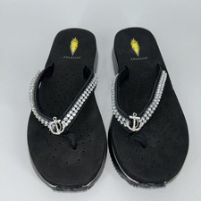 Volatile Wedge Thong Sandals Black Rhinestones Women's Size 8 NWOB Slip-On