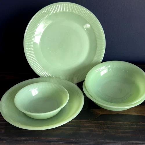 LOT Fireking Jadeite Jane Ray Green Glass Cereal Berry Soup Bowls Dinner Plate