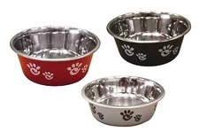 Pawprint Dog Bowls Stainless Steel Pet Dishes Choose Red Black or Silver & Size 