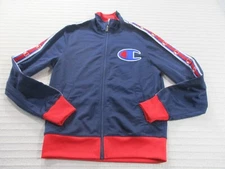 Champion Mens Jacket Small Blue Zip Varsity Taping Stripe Big C Logo Pocket