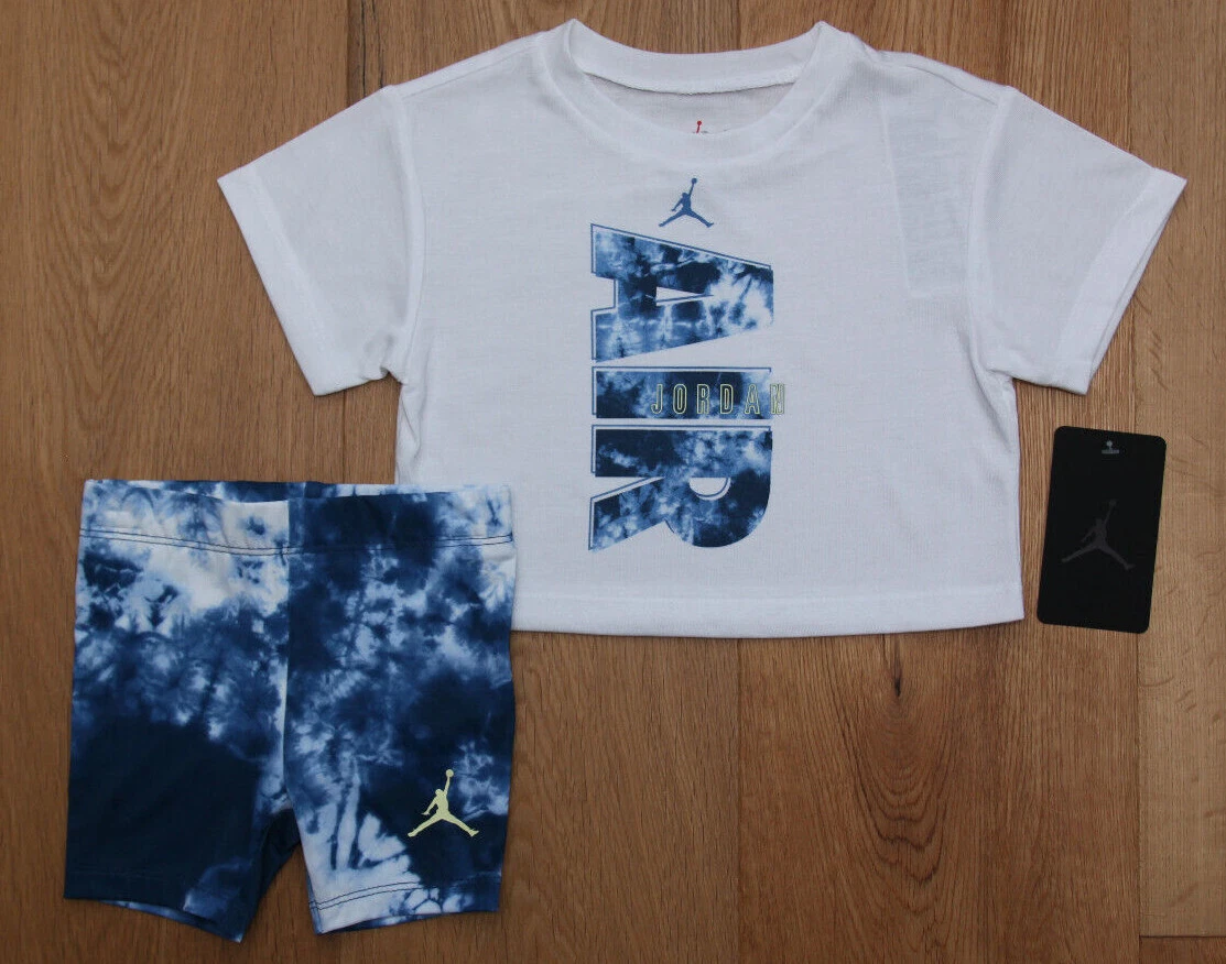 Air Jordan Baby Girl Crop Top & Bike Shorts Set ~ White, Blue & Volt ~ DRI-FIT