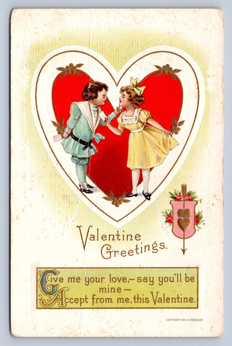J93/ Valentine's Day Love Holiday Postcard c1910 Children Hearts