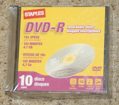 Staples DVD-R 10 Discs package recordable 16x speed 120 minutes 4.7GB