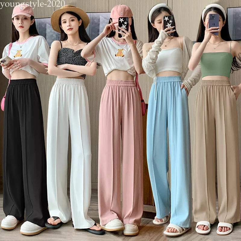 Korean Womens Summer Elastic High Waist Casual Straight Wide Leg Pants  Trousers