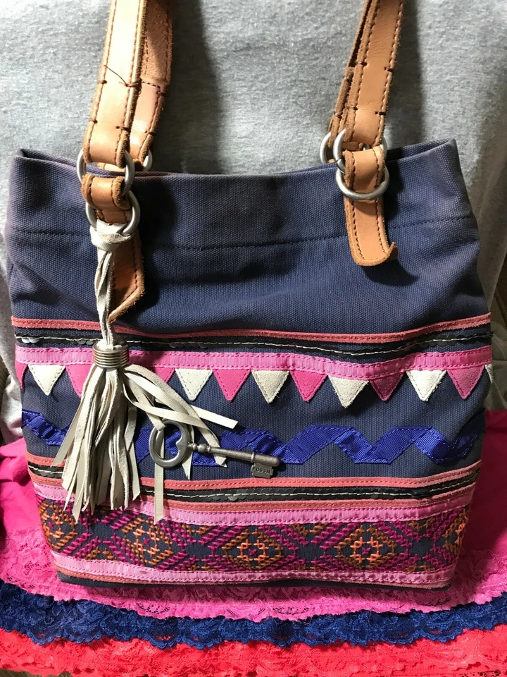 Fossil Jesse Azul Marino Rosa Lona Cuero Multicolor Snap Hobo/Tote Foto 2 de 4