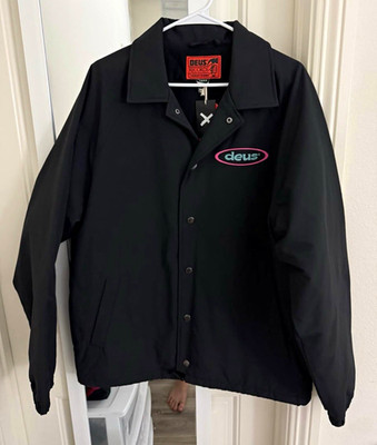 Deus Ex Machina Men's L Black Motorcycle Jacket Snap Closure Point Collar Logo