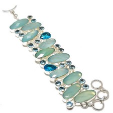 Aqua Chalcedony Topaz 925 Silver Bracelet 7-8" Translucent Blue Gem C262