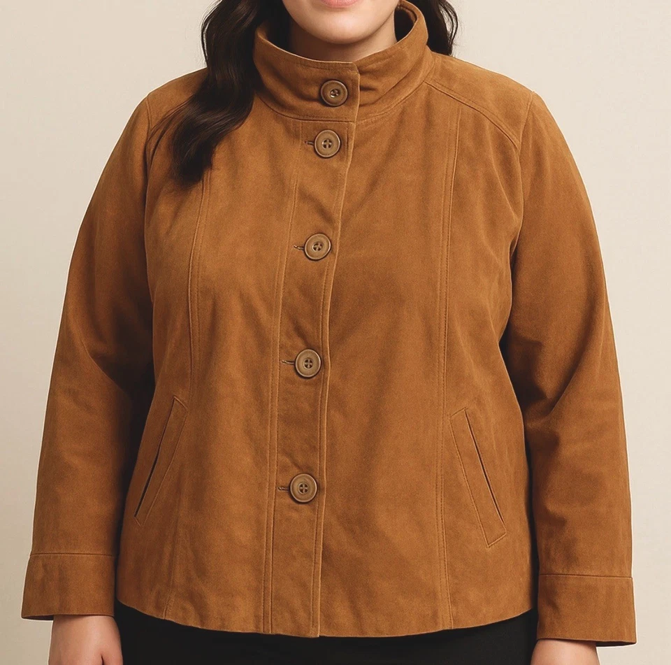 Chaqueta de cuero genuino Bradley Bayou - Para mujer 2X - Gamuza marrón - Cuello alto Foto 3 de 4