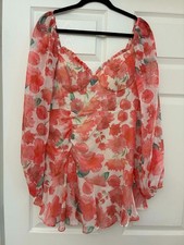 Vestique Mini Dress Womens L Pink Floral Sheer Sleeve Ruched Front Romantic