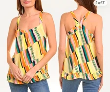 NEW CAbi Skip Halter Top XS Broken Stripe Multi Color Cami Ruffle Hem NWT