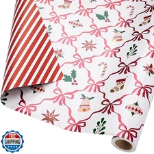 LaRibbons Reversible Foil Christmas Wrapping Paper, Metallic Red Foil Bows wi