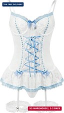 3pc Mesh Corset Lingerie Set Underwire Sheer Babydoll Garter Belt with Thong M