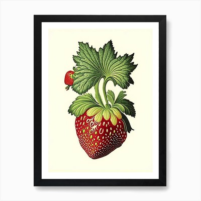 Eine einzelne Erdbeere, Obst, Vintage gerahmtes Wandbild Poster Leinwanddruck Bild