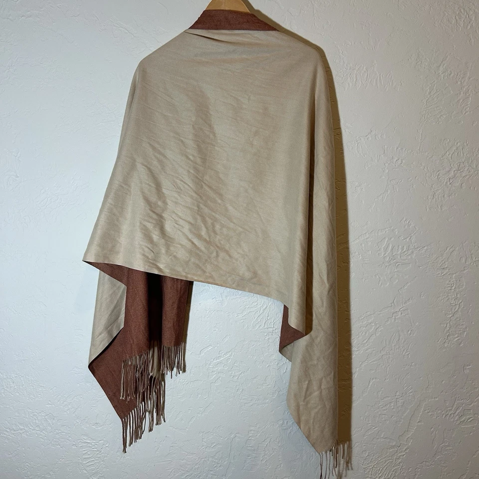 Reversible Fringe Ruana Wrap Shawl Cinnamon Brown Beige Two Tone Poncho Cape - Image 4 of 4