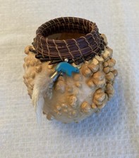 California Pine Needle Woven Knobby Gourd Signed by Sam McKinney, 4-1/4" Tall